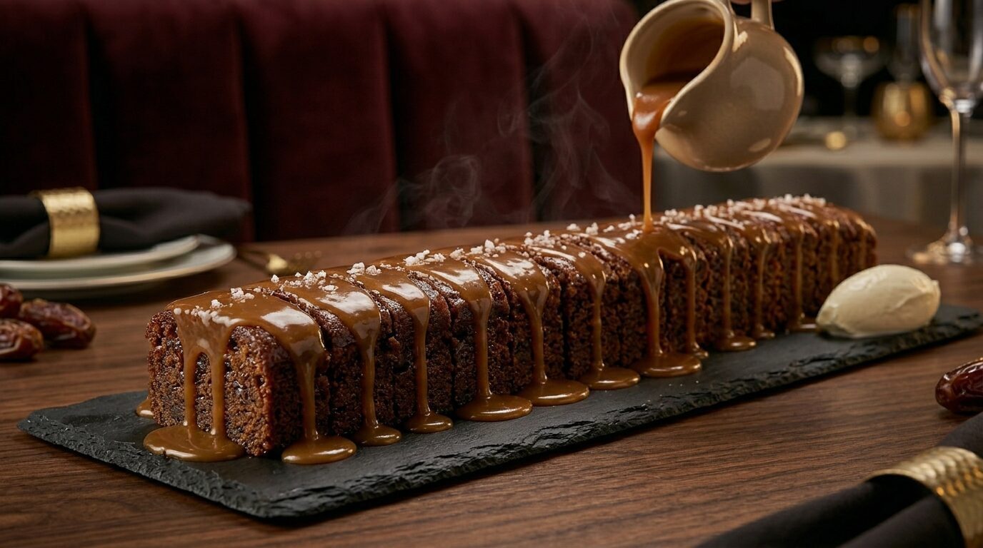 Scoot Down Booth's Sweet Cake — sticky pudding served as one long strip across the table with caramel poured over it