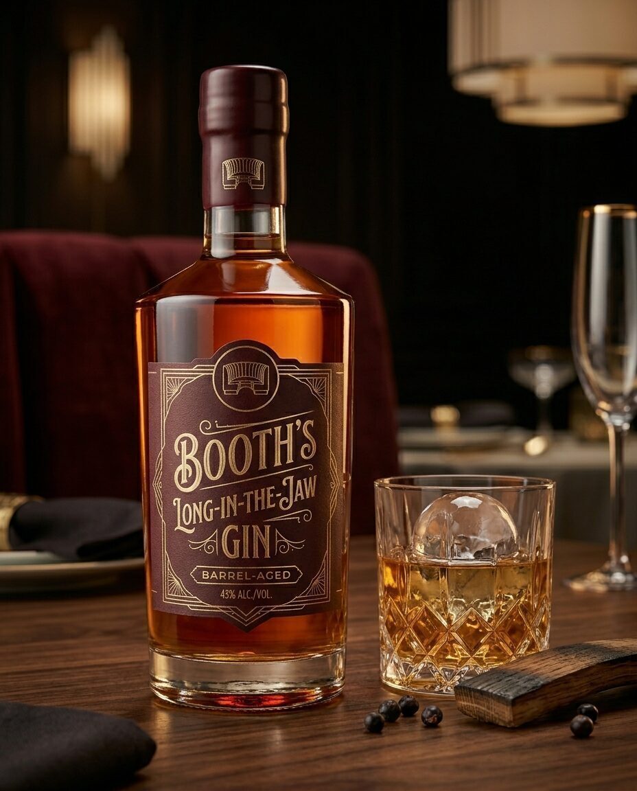 A bottle of Booth's Long-in-the-Jaw barrel-aged gin beside a poured glass with sphere ice