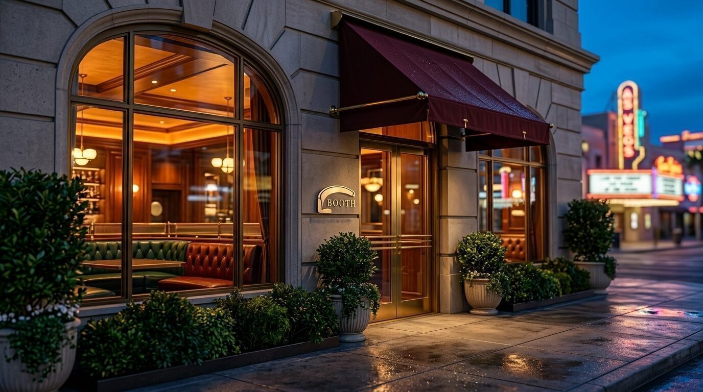 Booth's street facade at dusk with an oxblood awning and the Las Vegas neon district glowing behind