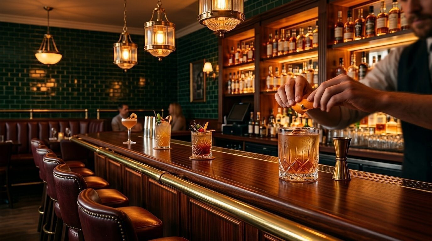 A bartender twisting a citrus peel over an old fashioned at Booth's walnut bar with backlit spirits
